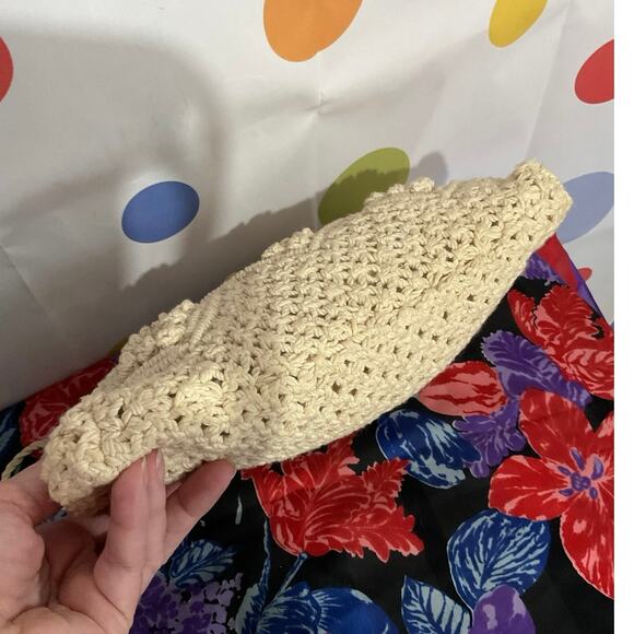 Vintage Crochet Macramé Bag Zip Top Wood Beads - Picture 10 of 13